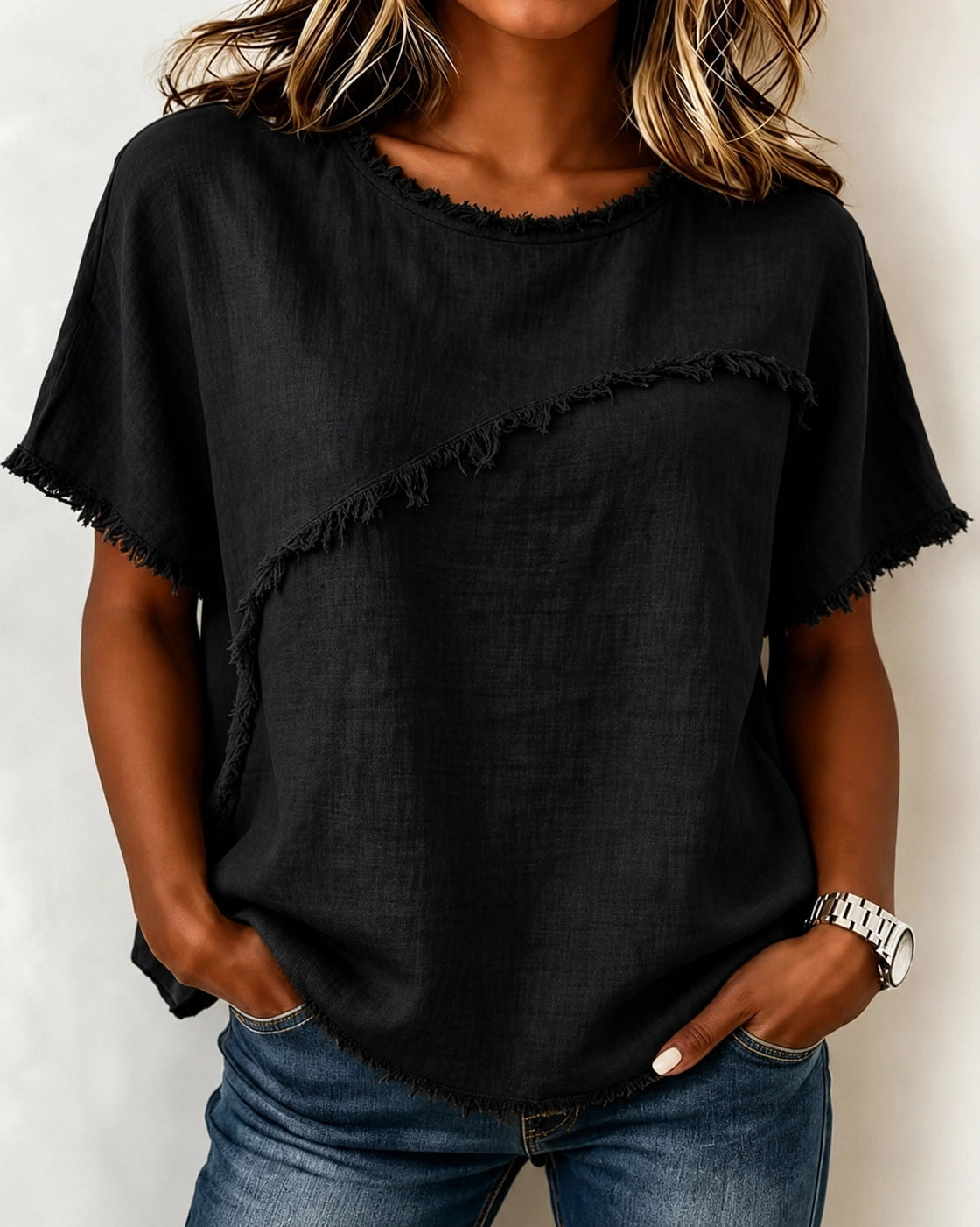 Frayed Edge Linen Blend Top Round Neck Short Sleeve Casual