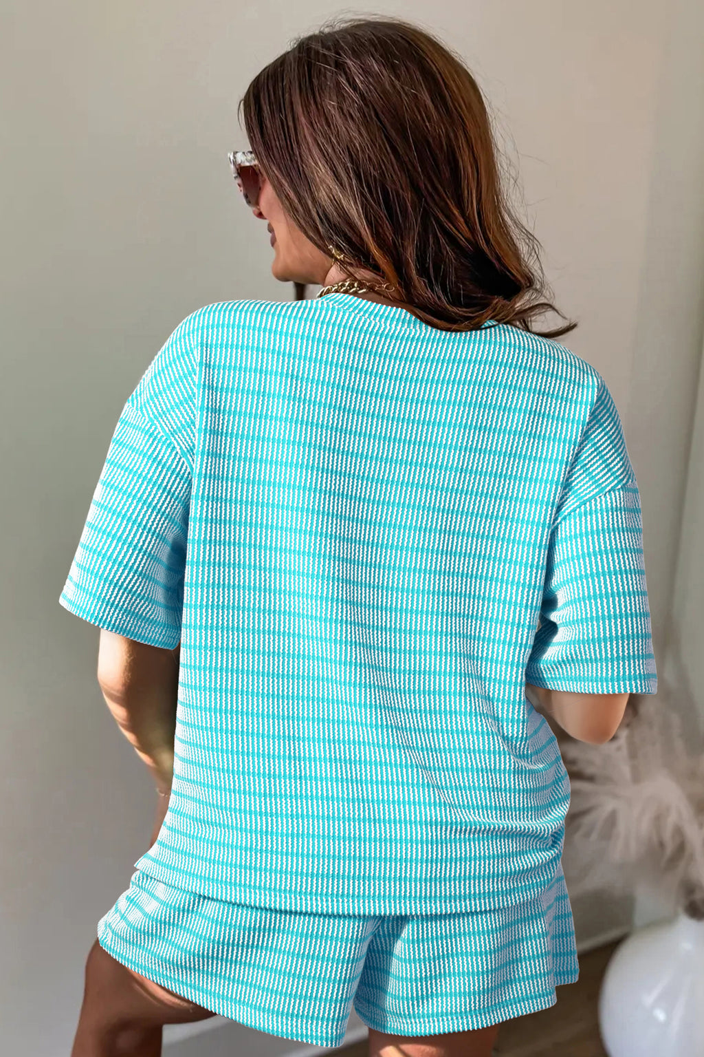 Sky blue striped two-piece short set