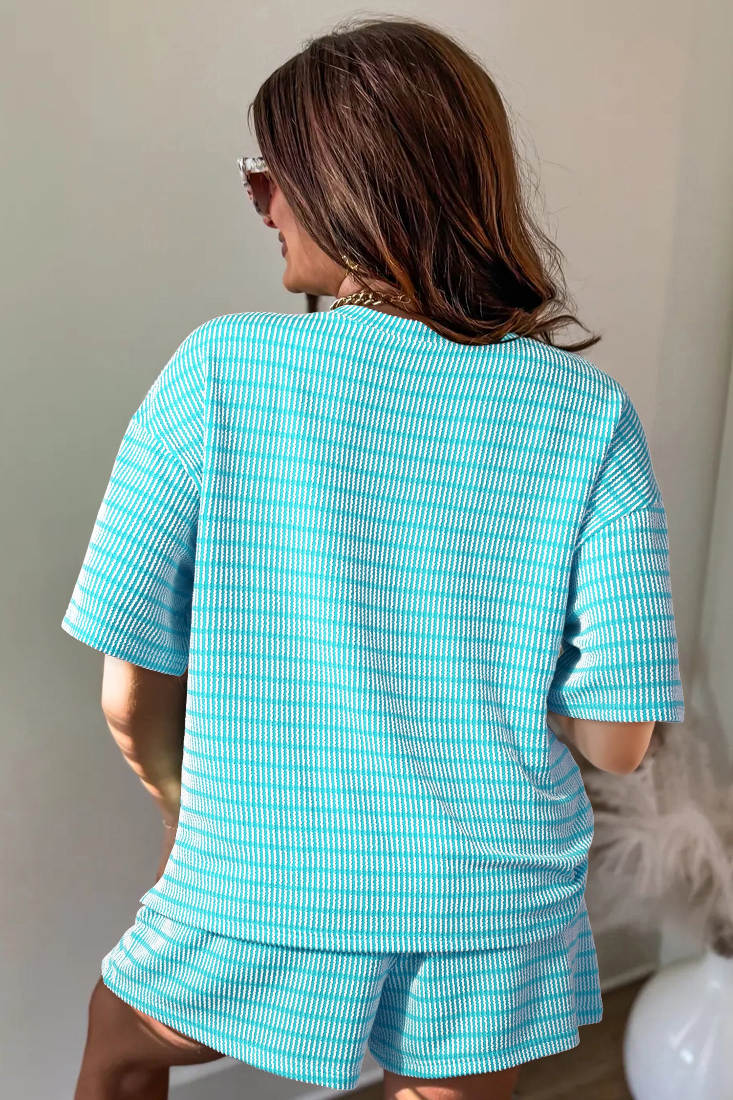 Sky blue striped two-piece short set
