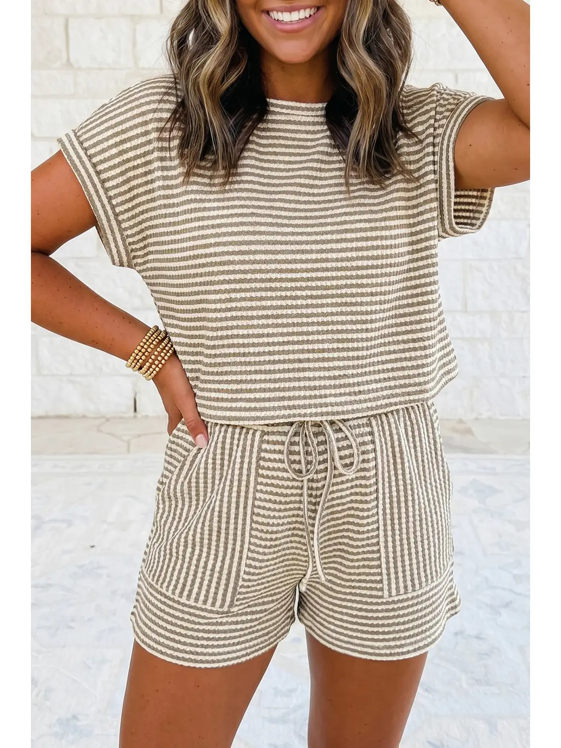 Striped Textured Knit Top and Short 2pc Sets