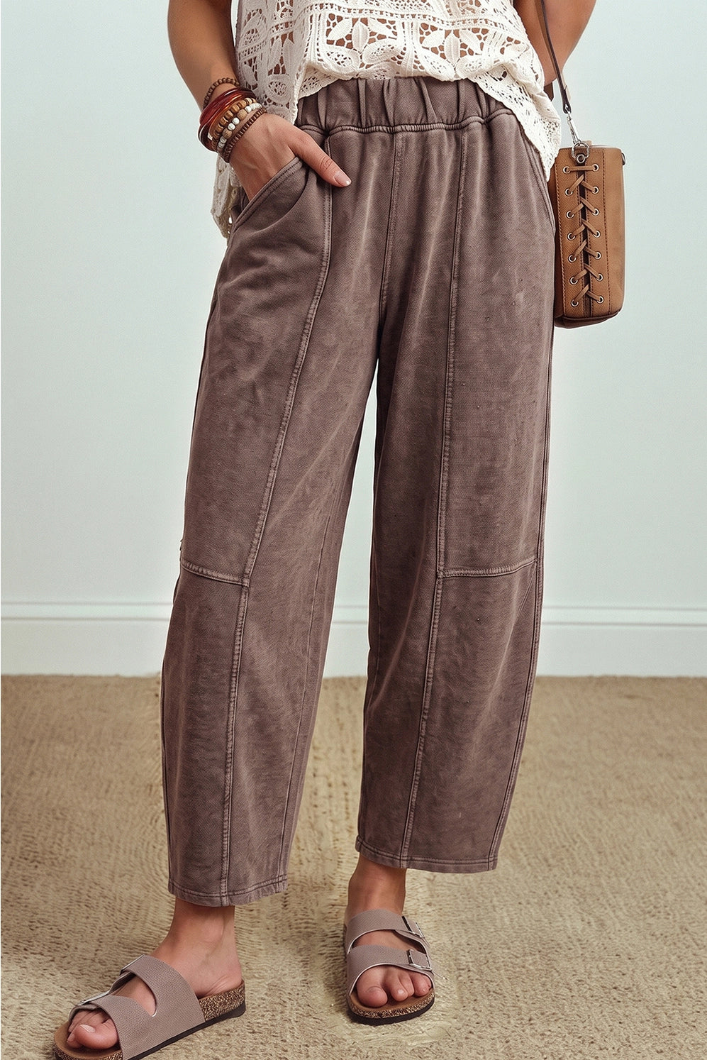 Mineral Wash Seam Detail Elastic Waist Barrel Pants
