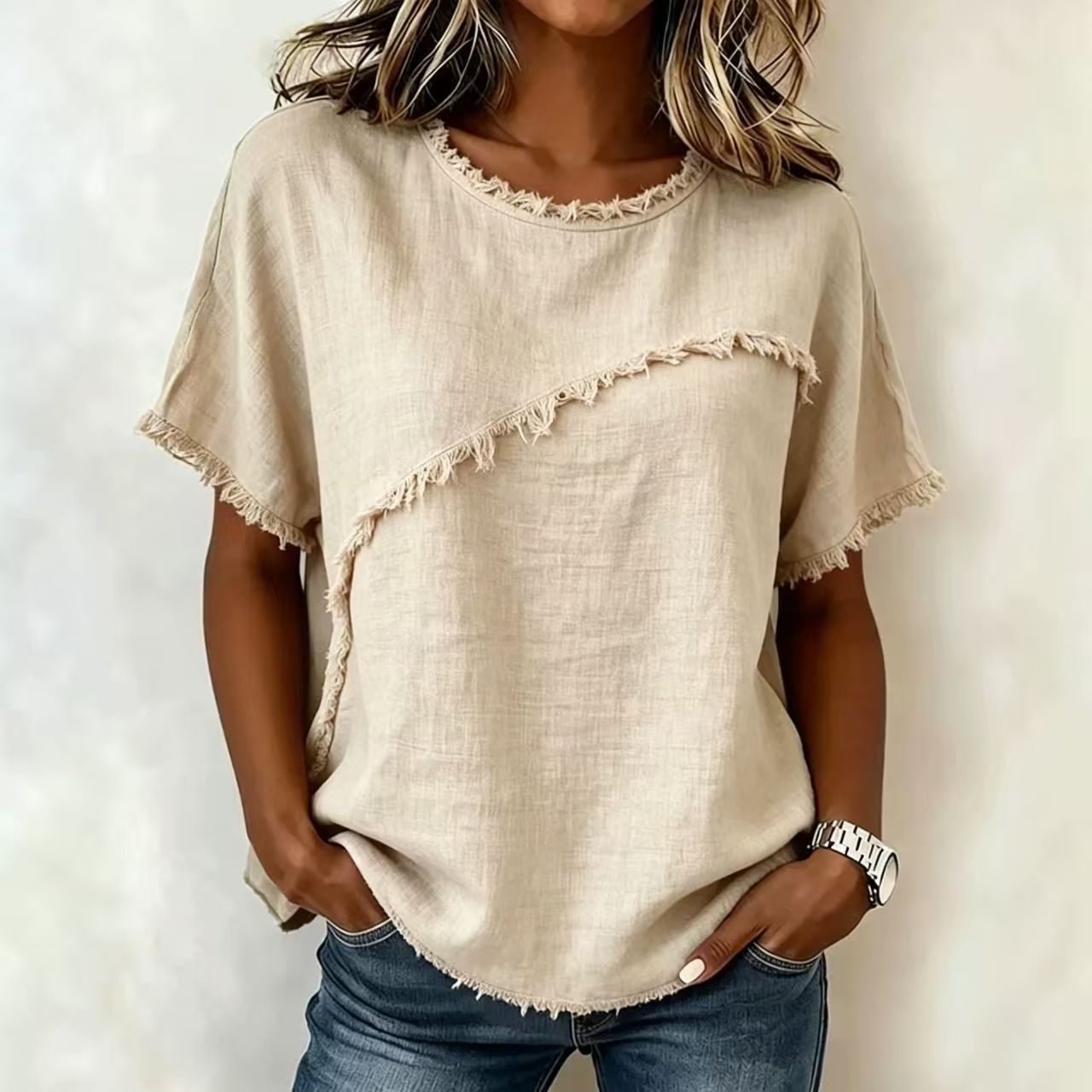 Frayed Edge Linen Blend Top Round Neck Short Sleeve Casual