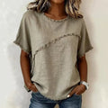 Frayed Edge Linen Blend Top Round Neck Short Sleeve Casual