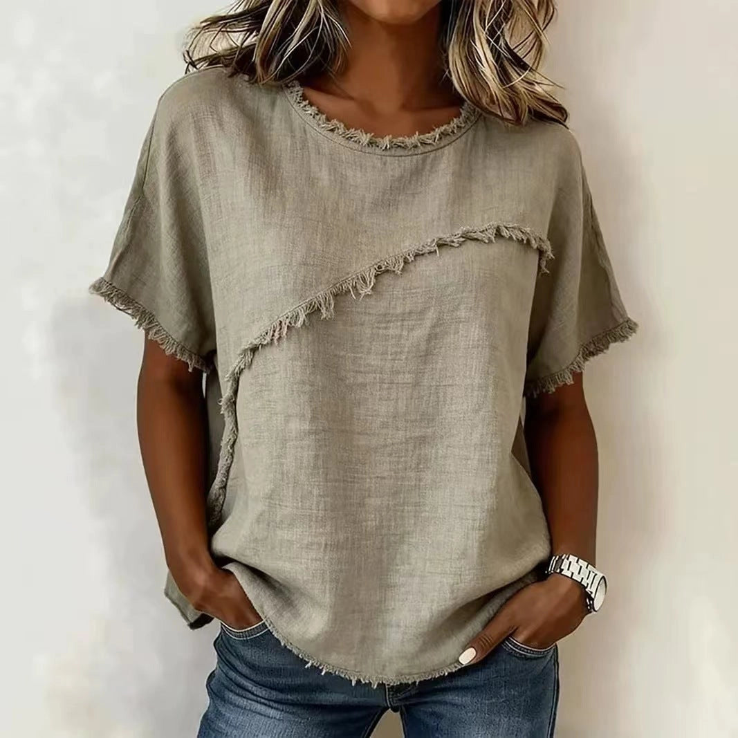 Frayed Edge Linen Blend Top Round Neck Short Sleeve Casual