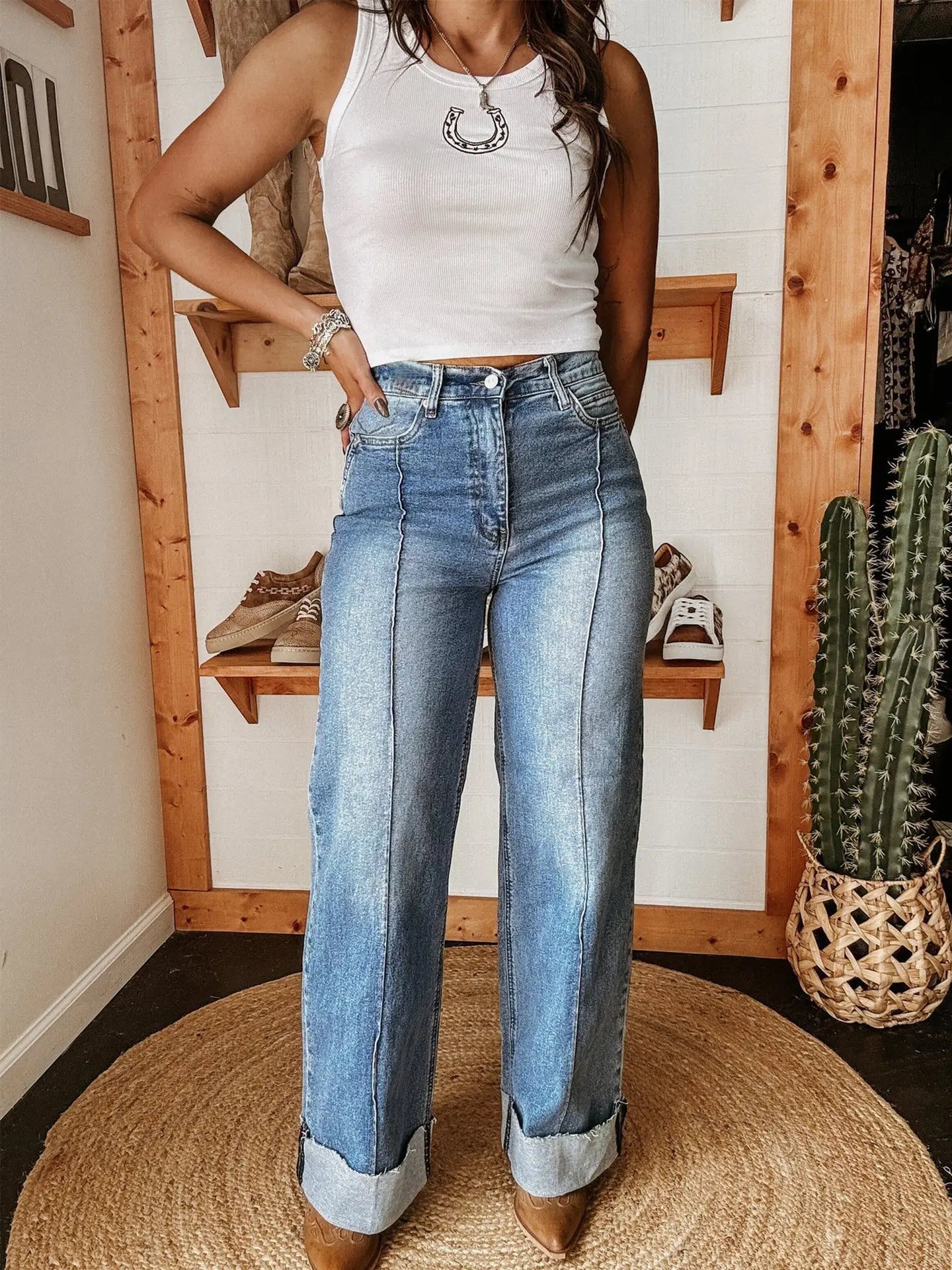 Casual Stretch Mid Waist Straight Leg Jeans