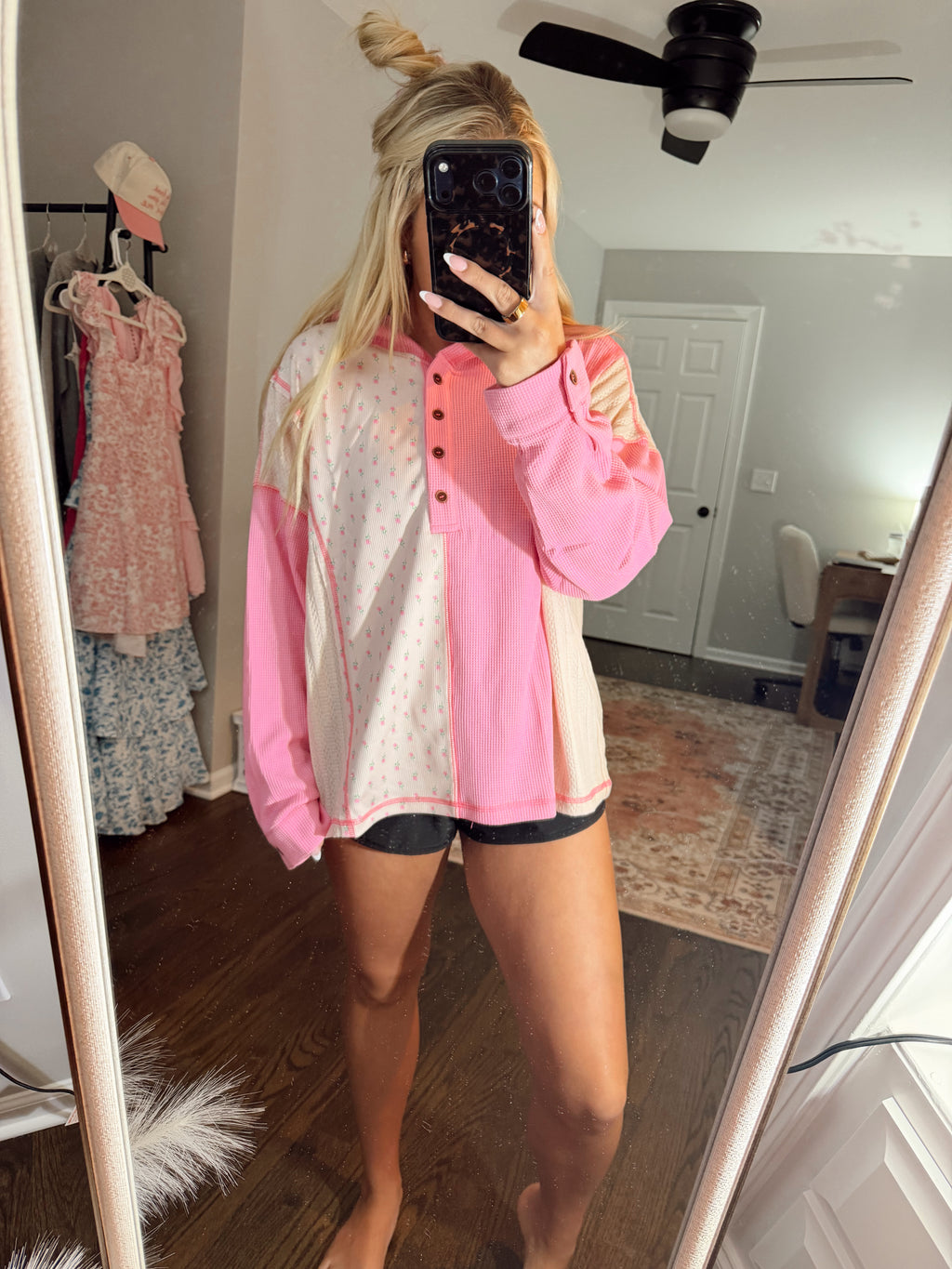 Pink Texture Floral Patched Hooded Oversize Pullover