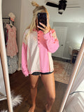 Pink Texture Floral Patched Hooded Oversize Pullover