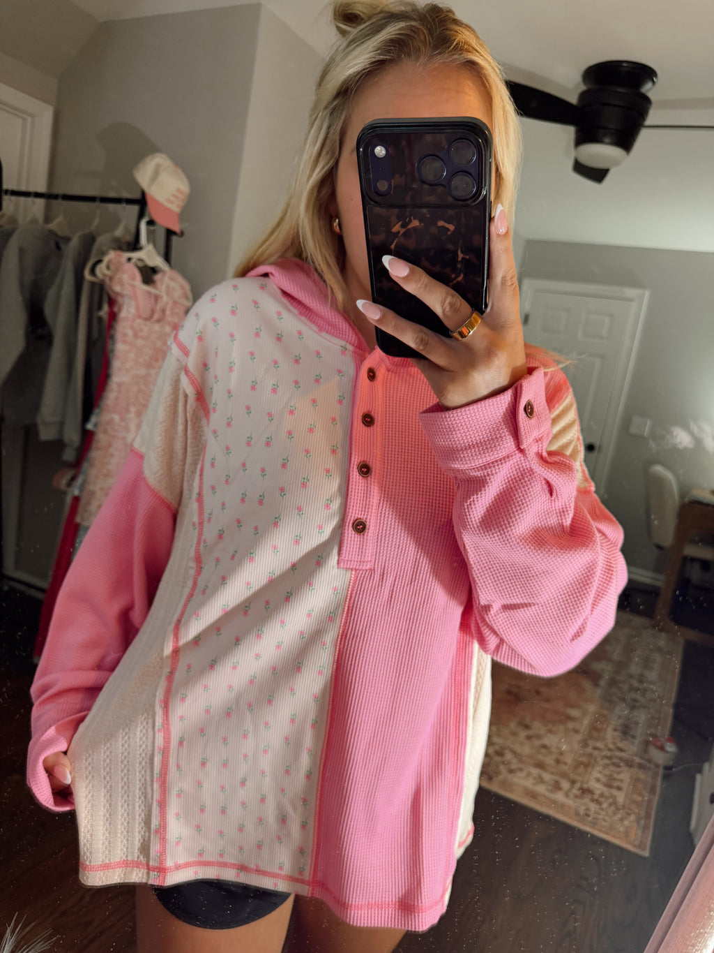 Pink Texture Floral Patched Hooded Oversize Pullover