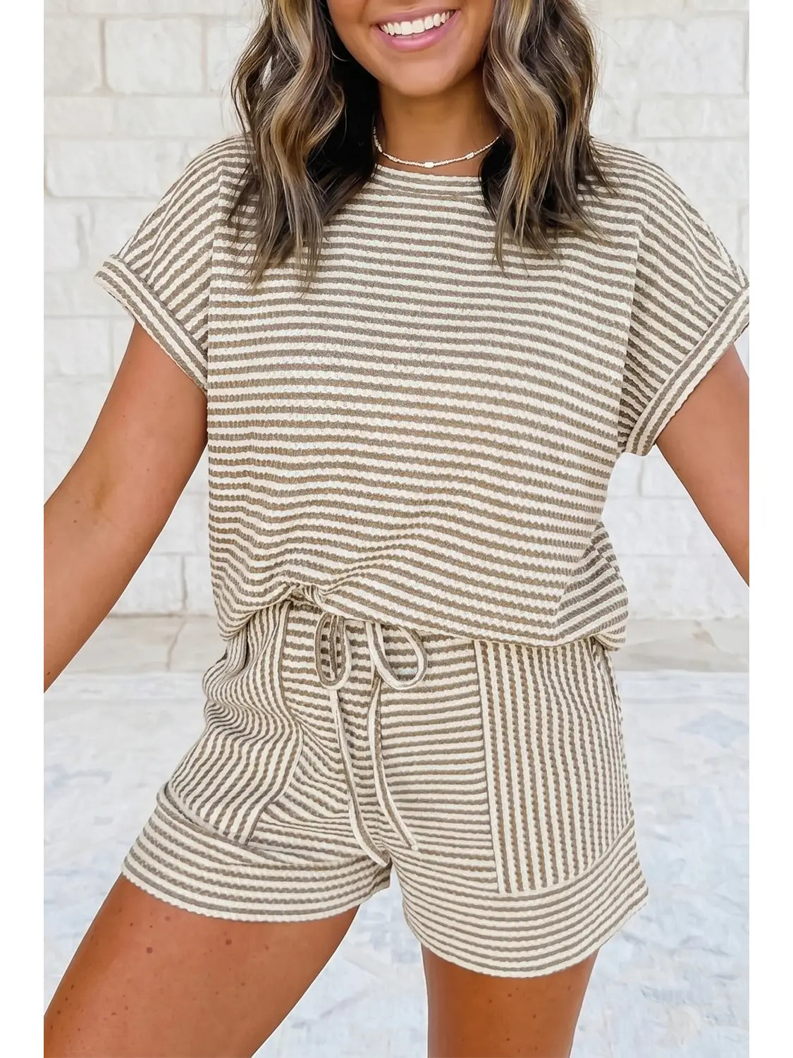 Striped Textured Knit Top and Short 2pc Sets