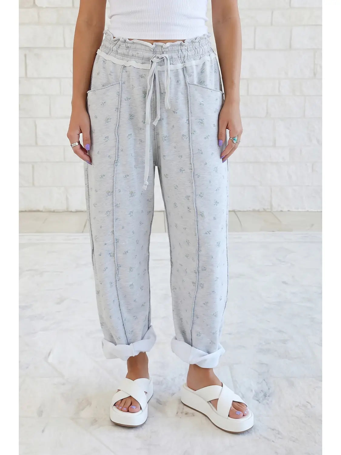 Floral Print Elastic Waist Regular Fit Pants